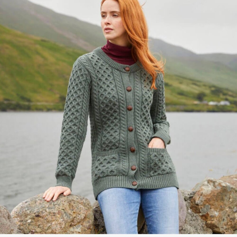 Aran Cable Knit Merino Wool Button Front Cardigan in Aqua/Turquoise - Size XS